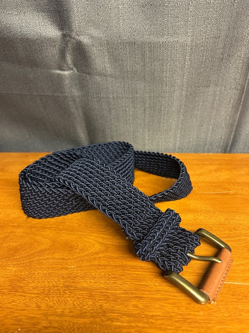 LAUREN Men's Navy Braided Elastic Belt with Brass Buckle